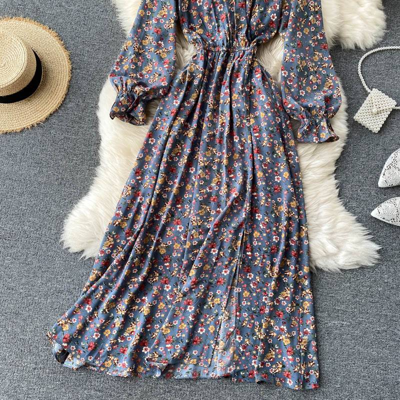 Floral Chiffon Long Sleeve V-Neck Vintage Dress in Dresses
