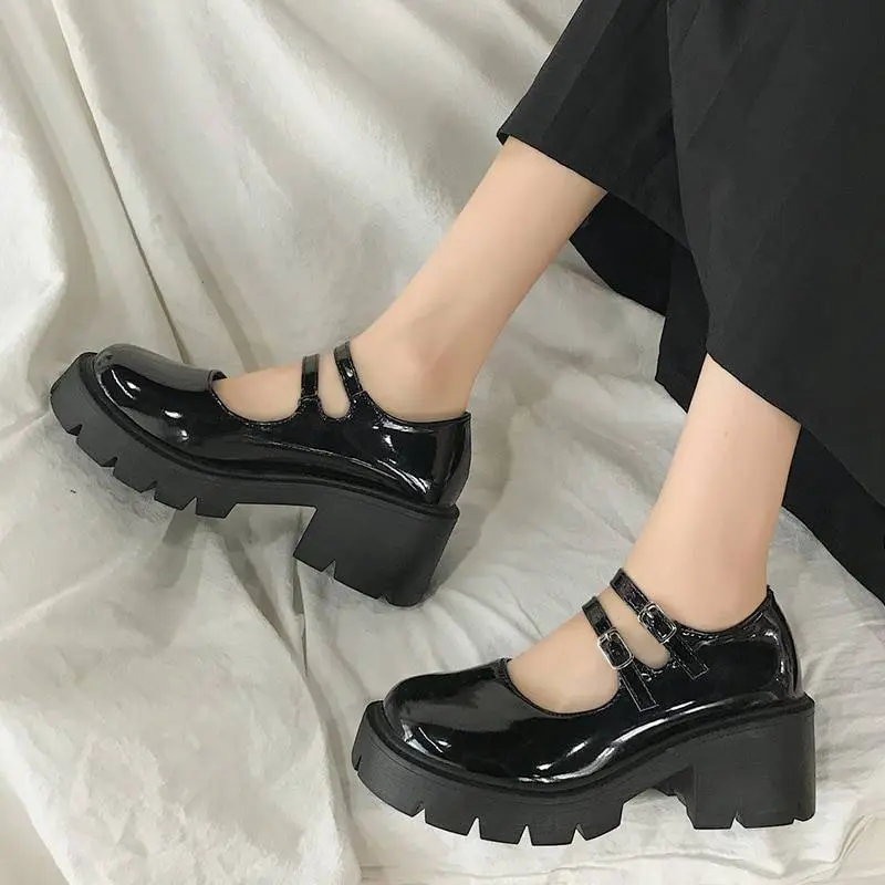 Black Women Leather Platform Round Toe High Heels Shoes Pumps in Women's Pumps