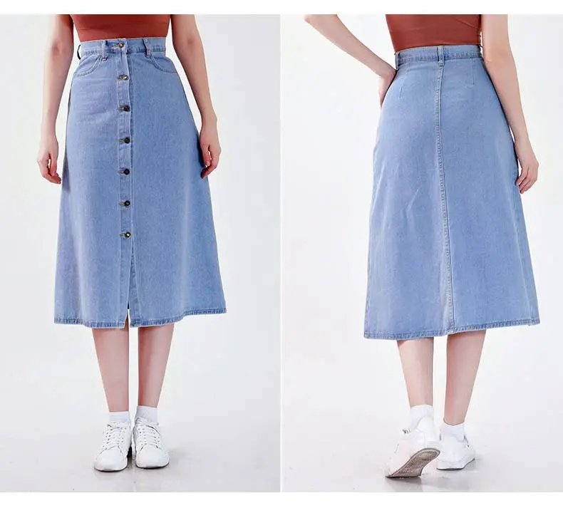 Blue Single Breasted A Line Denim High Waist Midi Skirt in Skirts