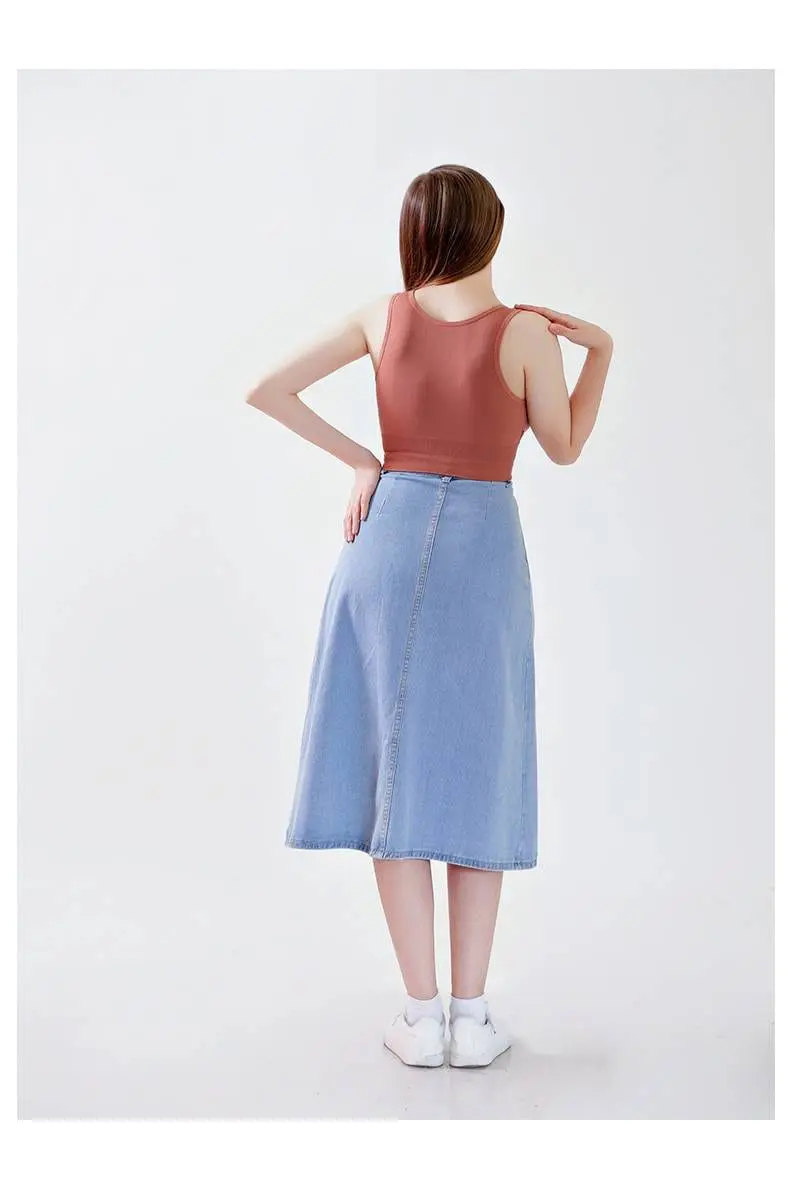 Blue Single Breasted A Line Denim High Waist Midi Skirt in Skirts