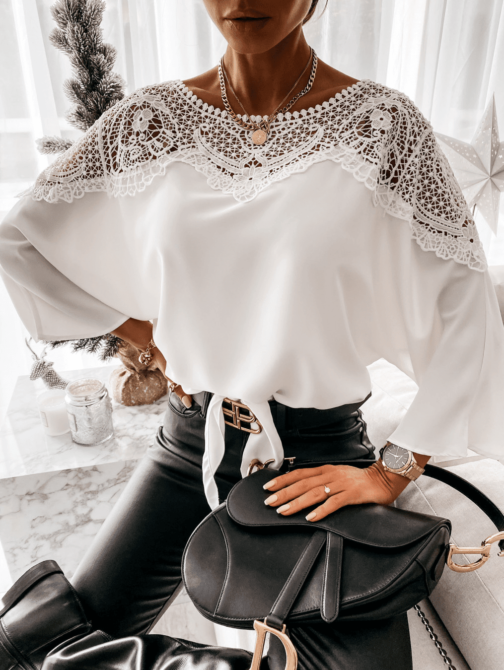 Vintage crochet embroidery lace stitching white blouse shirt