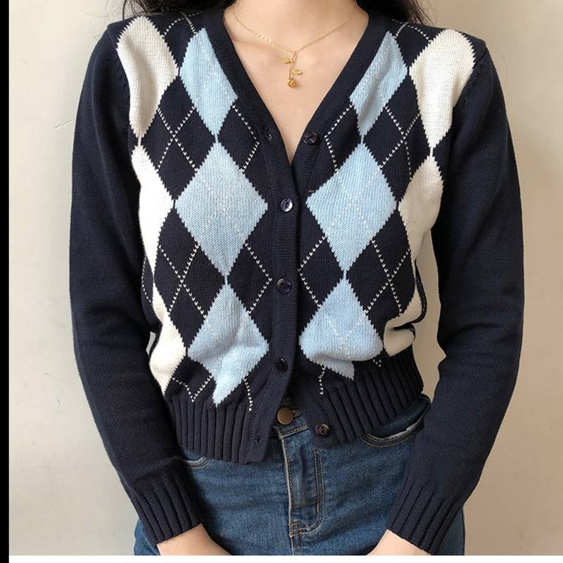 Vintage geometric long sleeve v neck knitted sweater
