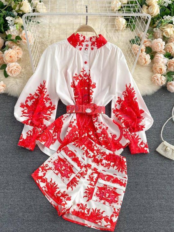 Vintage Printed Pull Sleeve Blouse Top And Shorts Two Piece Set in Blouses & Shirts