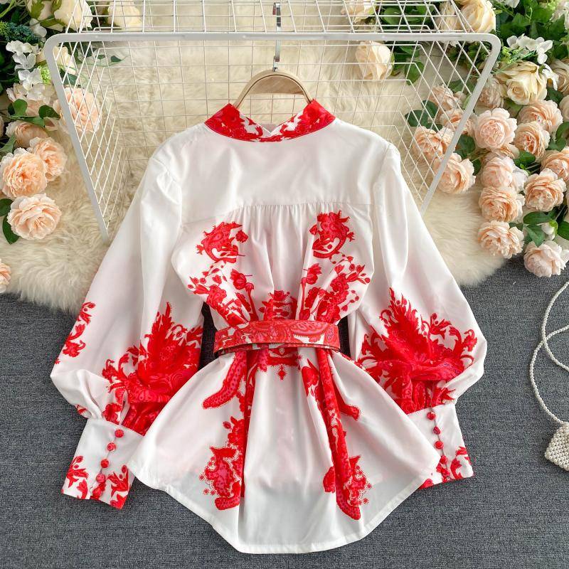 Vintage printed pull sleeve blouse top and shorts two piece set