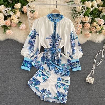 Vintage Printed Pull Sleeve Blouse Top And Shorts Two Piece Set in Blouses & Shirts