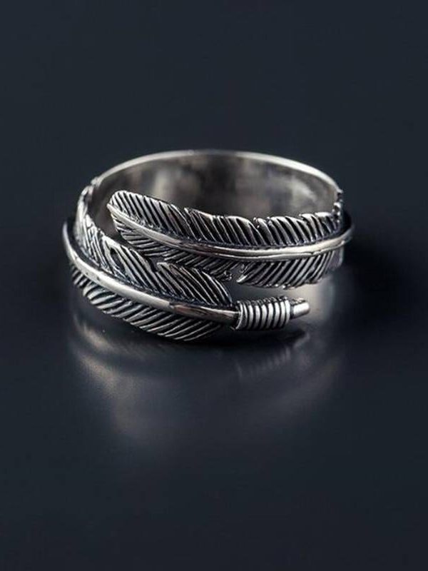 Retro silver feathers arrow opening ring