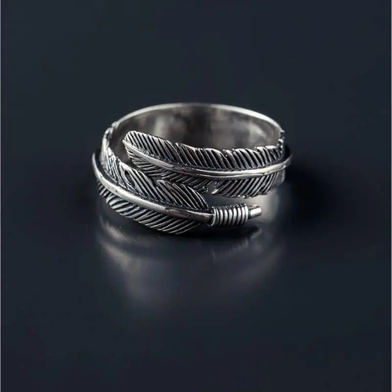Retro silver feathers arrow opening ring