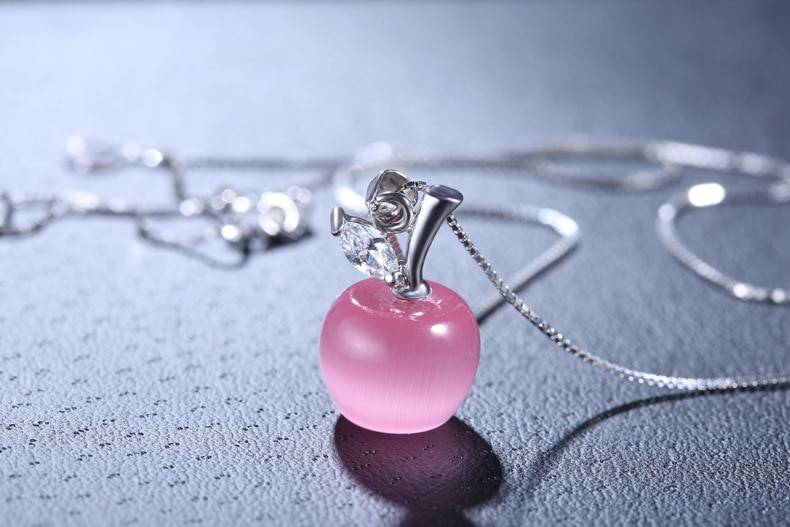 Silver Pink Opal Apple Shape Pendant Necklace Length 45CM in Necklaces