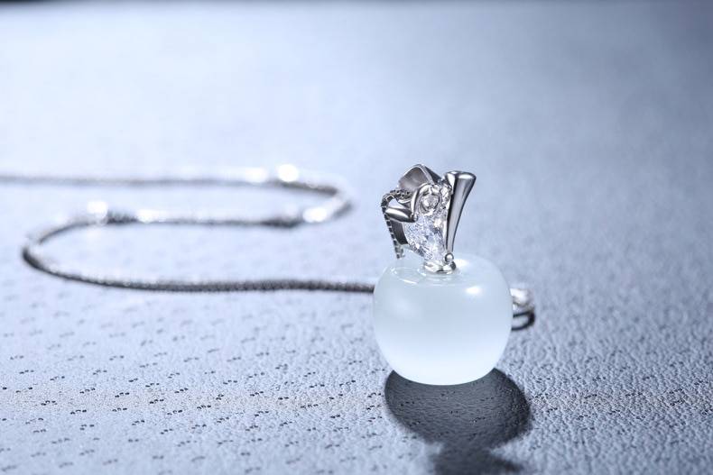 Silver Pink Opal Apple Shape Pendant Necklace Length 45CM in Necklaces