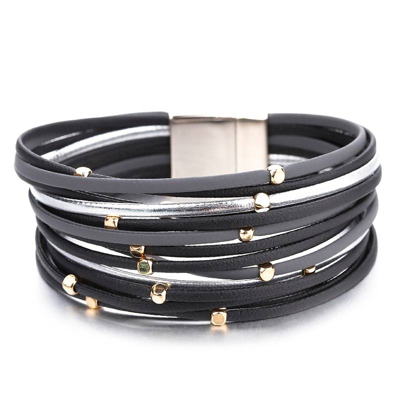 Metal beads genuine leather bracelet for women