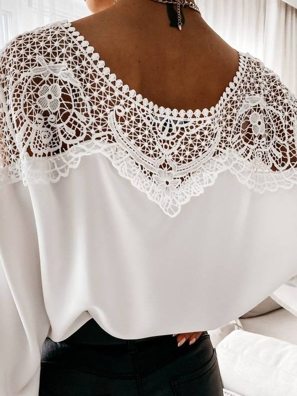 Vintage Crochet Embroidery Lace Stitching White Blouse Shirt in Blouses & Shirts