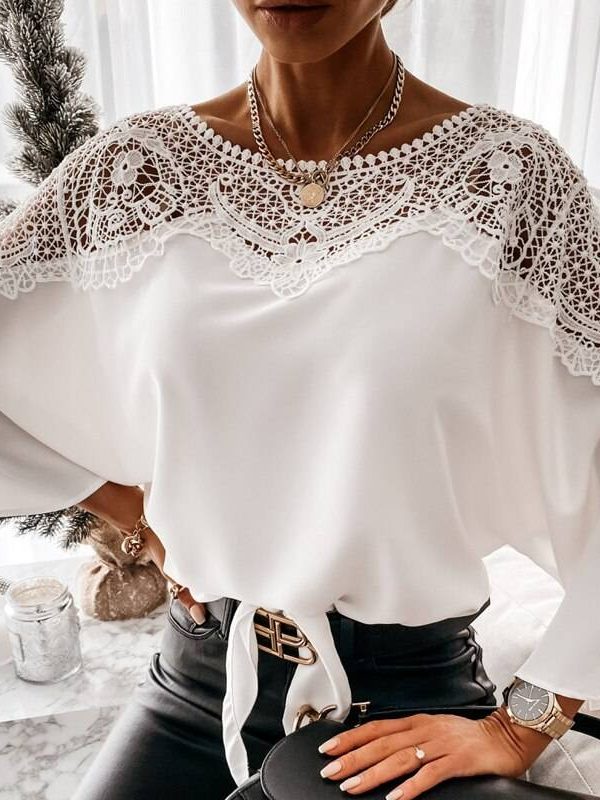 Vintage Crochet Embroidery Lace Stitching White Blouse Shirt - S, White in