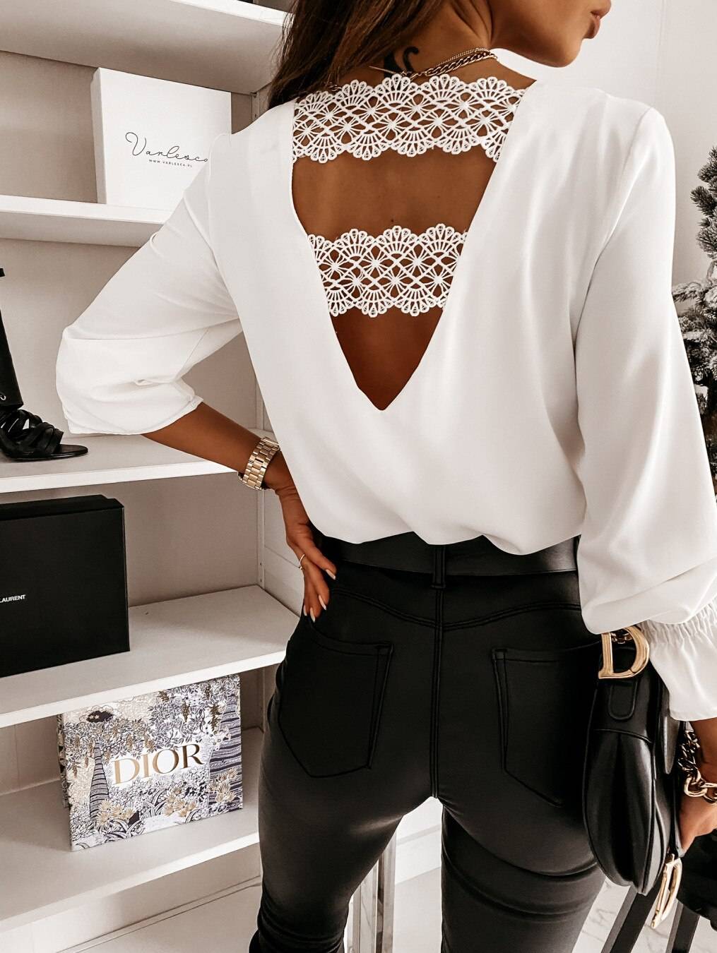 Chic back v-shollow lace stitching white blouse