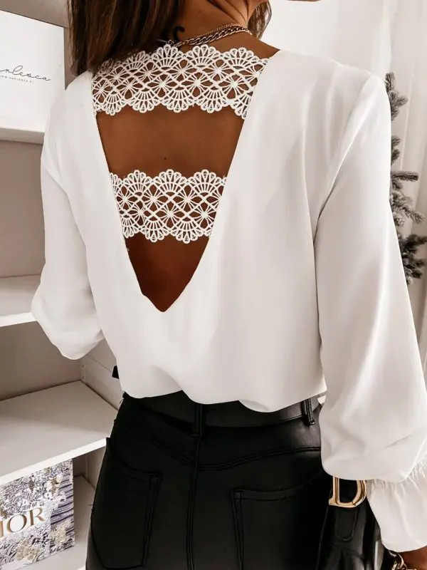 Chic Back V-SHollow Lace Stitching White Blouse - Blouses & Shirts - Uniqistic.com