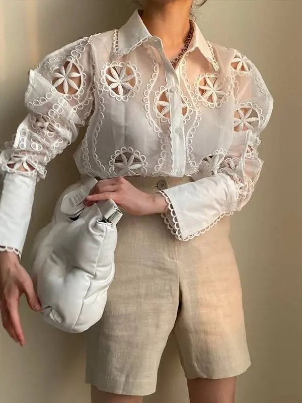 Hollow Out Floral Embroidery See Through Long Sleeve Lace White Blouse in Blouses & Shirts