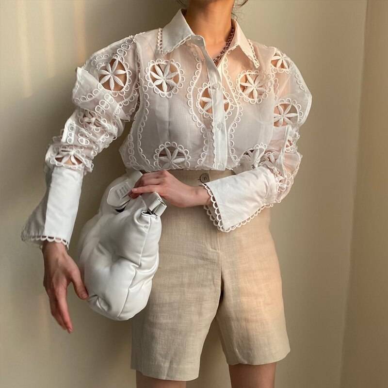 Hollow out floral embroidery see through long sleeve lace white blouse