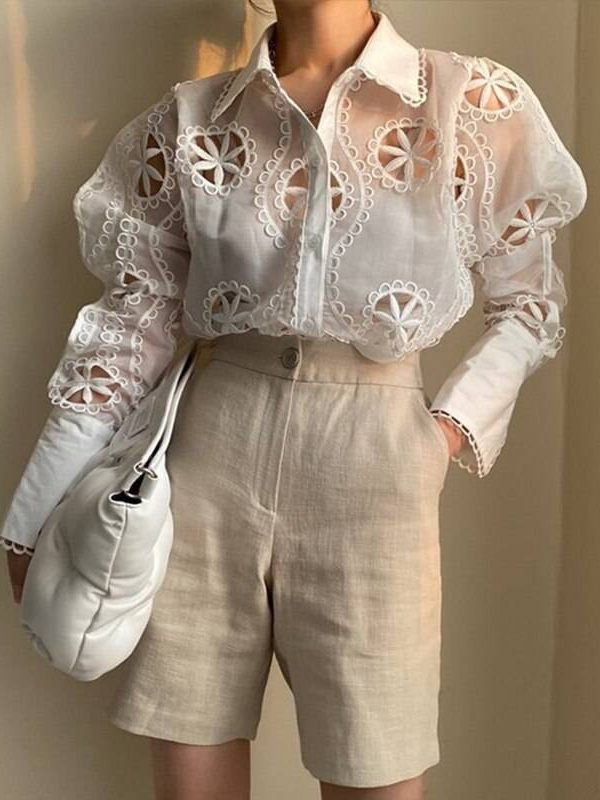 Hollow Out Floral Embroidery See Through Long Sleeve Lace White Blouse - Blouses & Shirts - Uniqistic.com