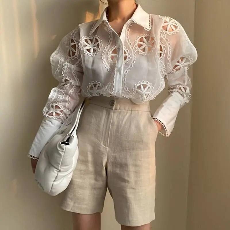 Hollow out floral embroidery see through long sleeve lace white blouse