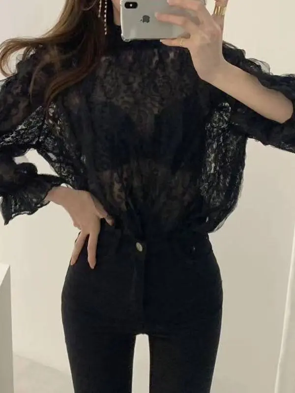 Stand Collar Lace Mesh Long Sleeve Elegant Blouse in Blouses & Shirts
