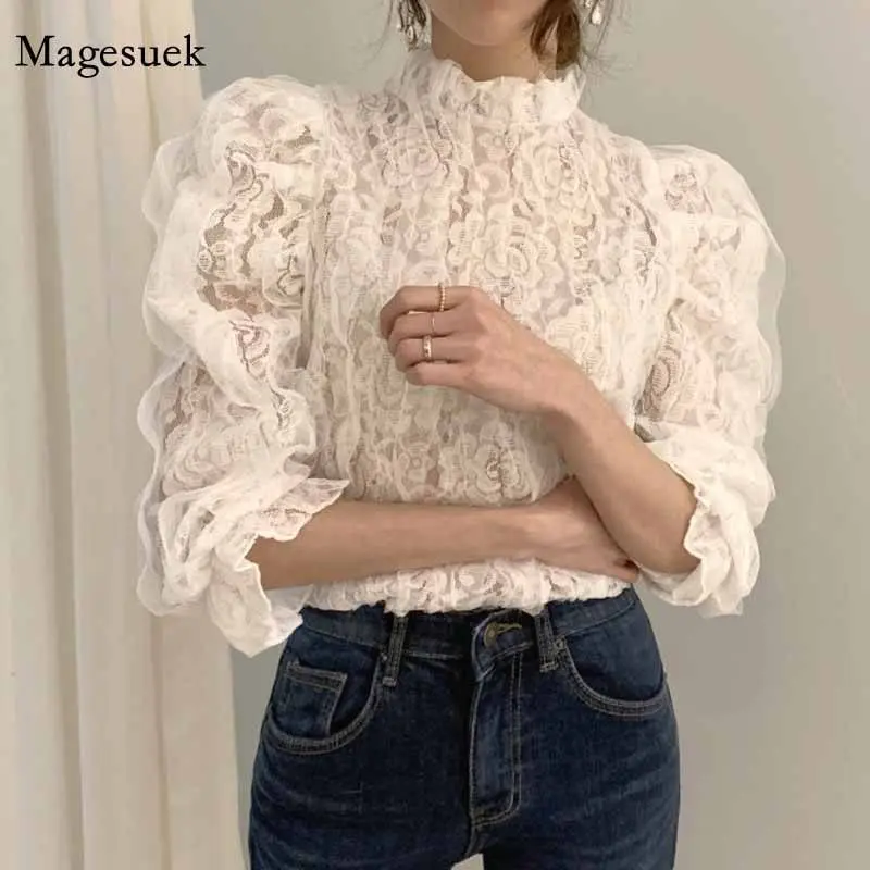 Stand collar lace mesh long sleeve elegant blouse