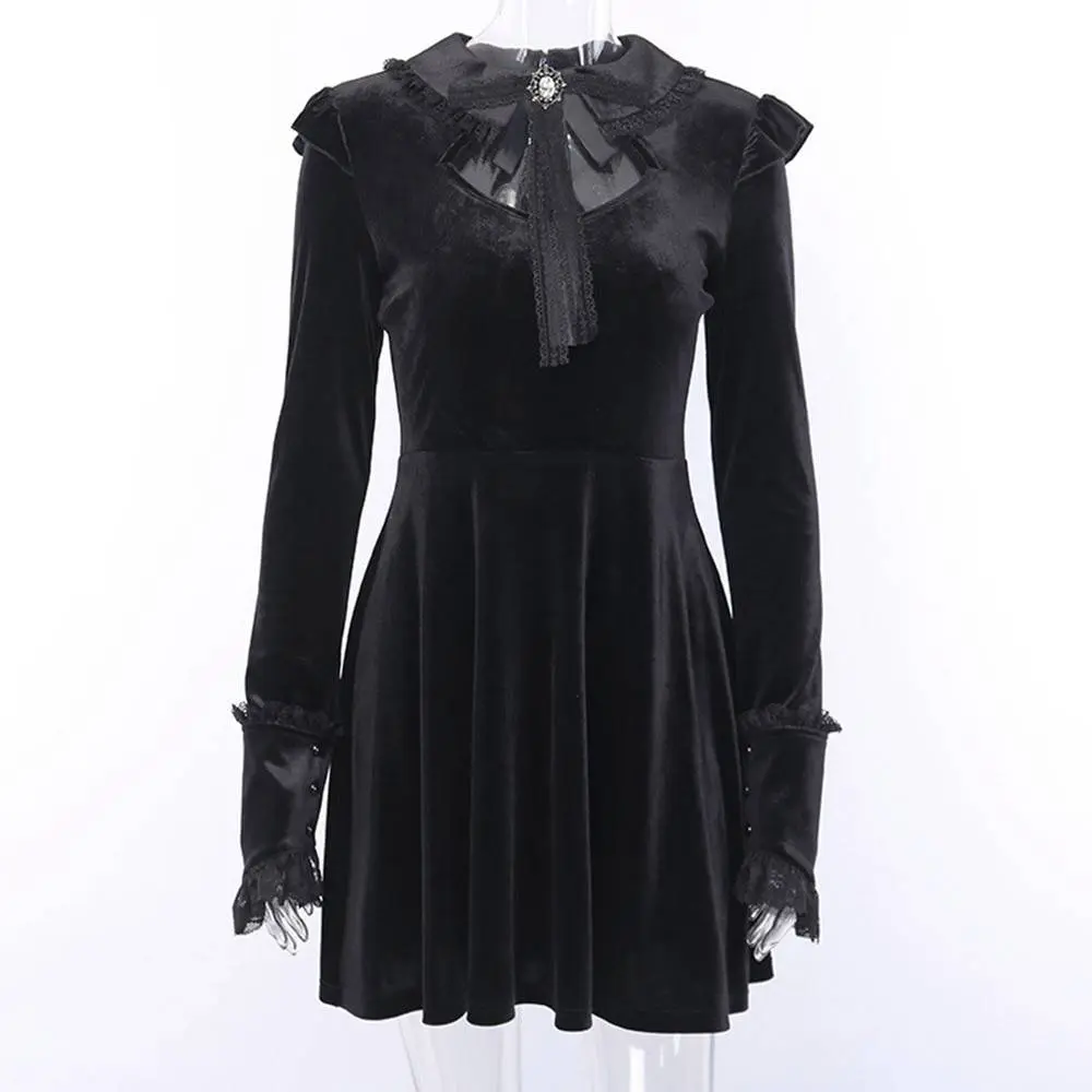 Vintage Gothic Lace Patchwork Long Sleeve A Line Velvet Dress in Dresses