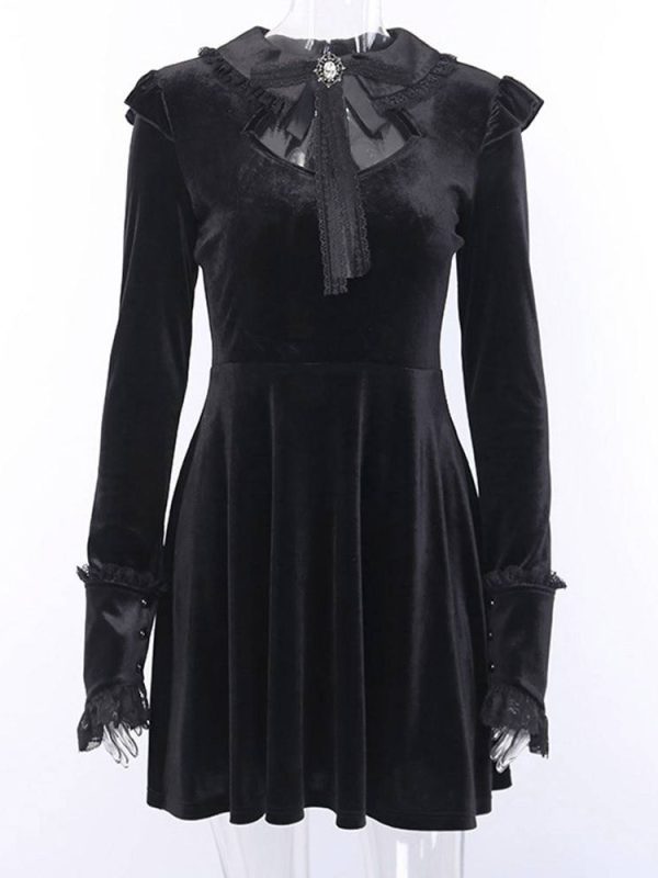 Vintage Gothic Lace Patchwork Long Sleeve A Line Velvet Dress in Dresses