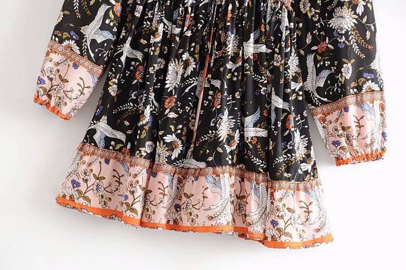 Flower Print Hem Long Sleeve Patchwork Lace Up Ruffles Mini Dress in Dresses