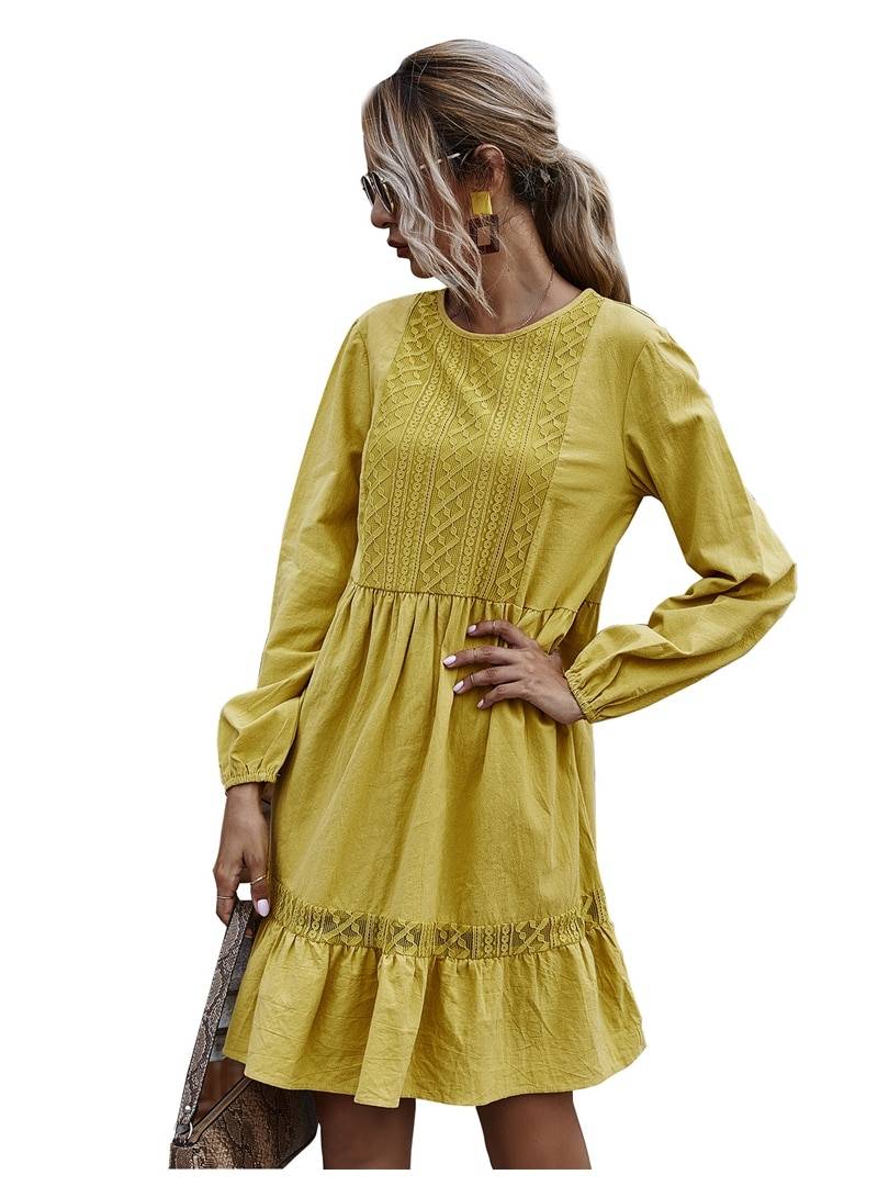 Lace Patchwork Long Sleeve O-Neck Ruffles Solid Knee-Length Dress - Dresses - Uniqistic.com