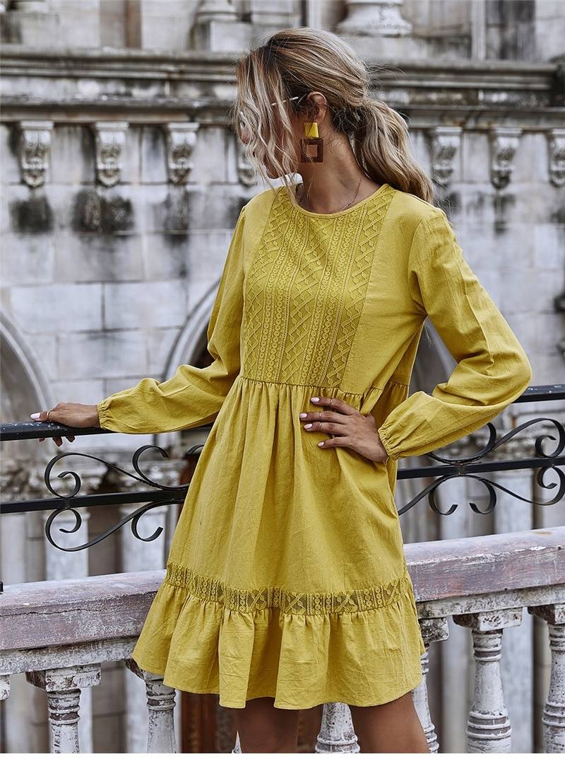 Lace Patchwork Long Sleeve O-Neck Ruffles Solid Knee-Length Dress in Dresses