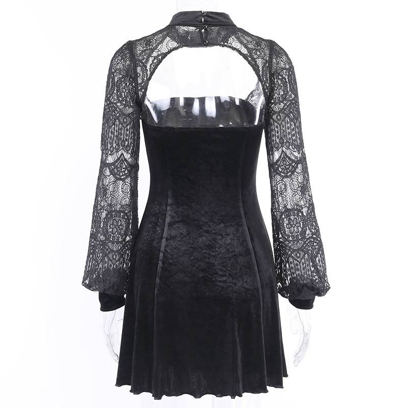 Gothic lantern long sleeve lace velvet patchwork dress