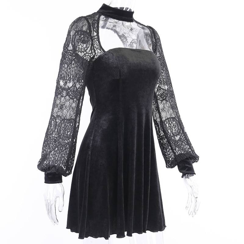 Gothic Lantern Long Sleeve Lace Velvet Patchwork Dress in Dresses