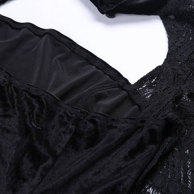 Gothic lantern long sleeve lace velvet patchwork dress