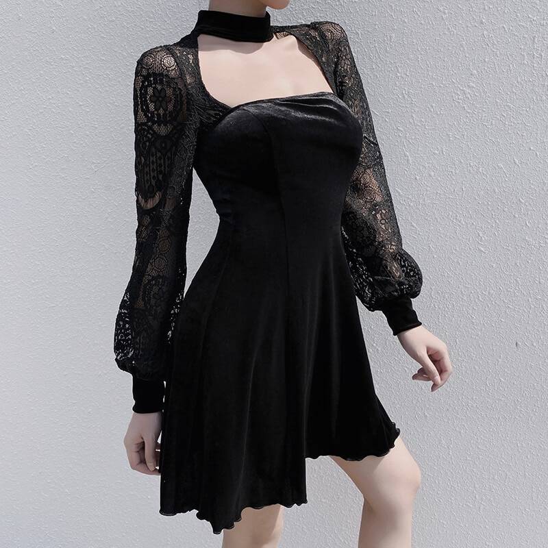 Gothic Lantern Long Sleeve Lace Velvet Patchwork Dress in Dresses