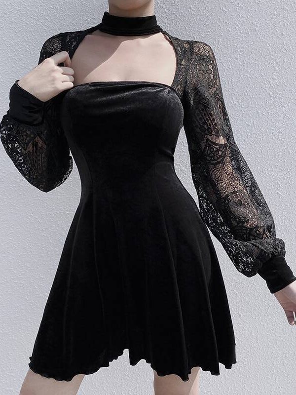 Gothic Lantern Long Sleeve Lace Velvet Patchwork Dress - Dresses - Uniqistic.com