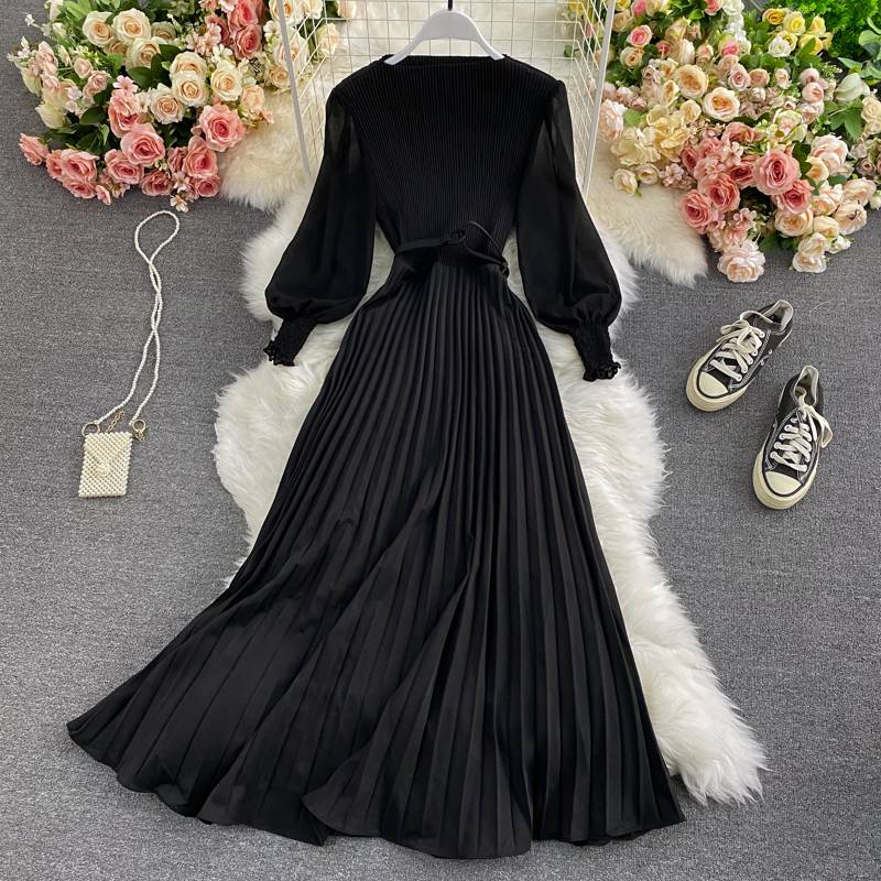 Elegant High Waist Patchwork Lace Long Lantern Sleeve Vintage Dress in Dresses