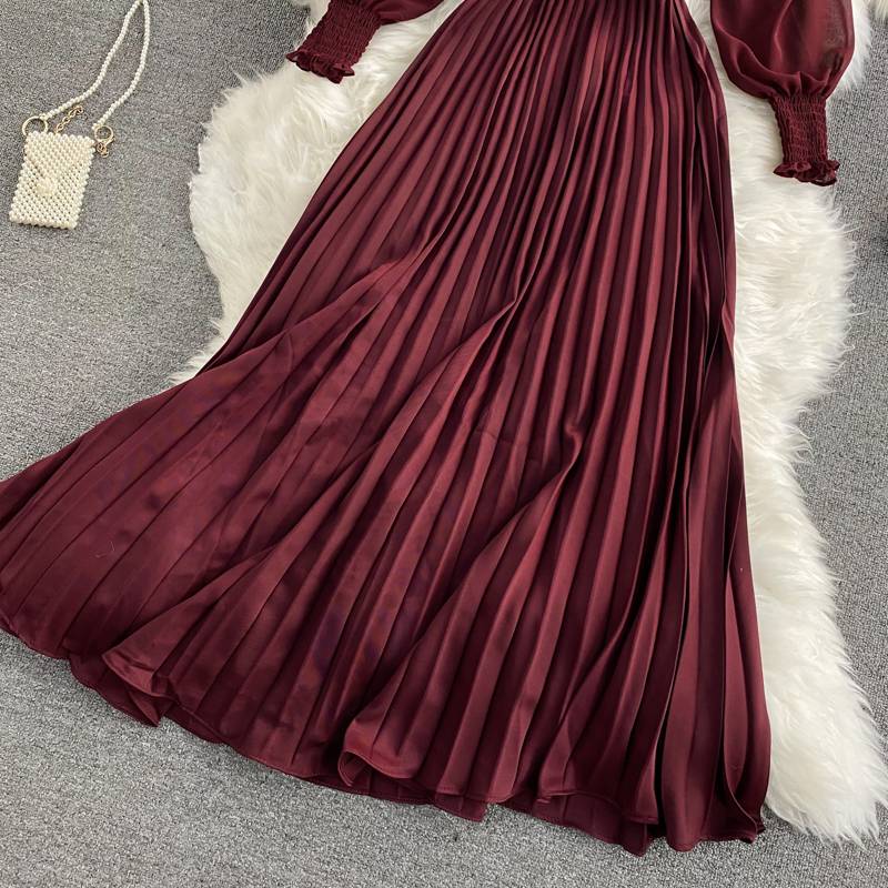 Elegant High Waist Patchwork Lace Long Lantern Sleeve Vintage Dress in Dresses