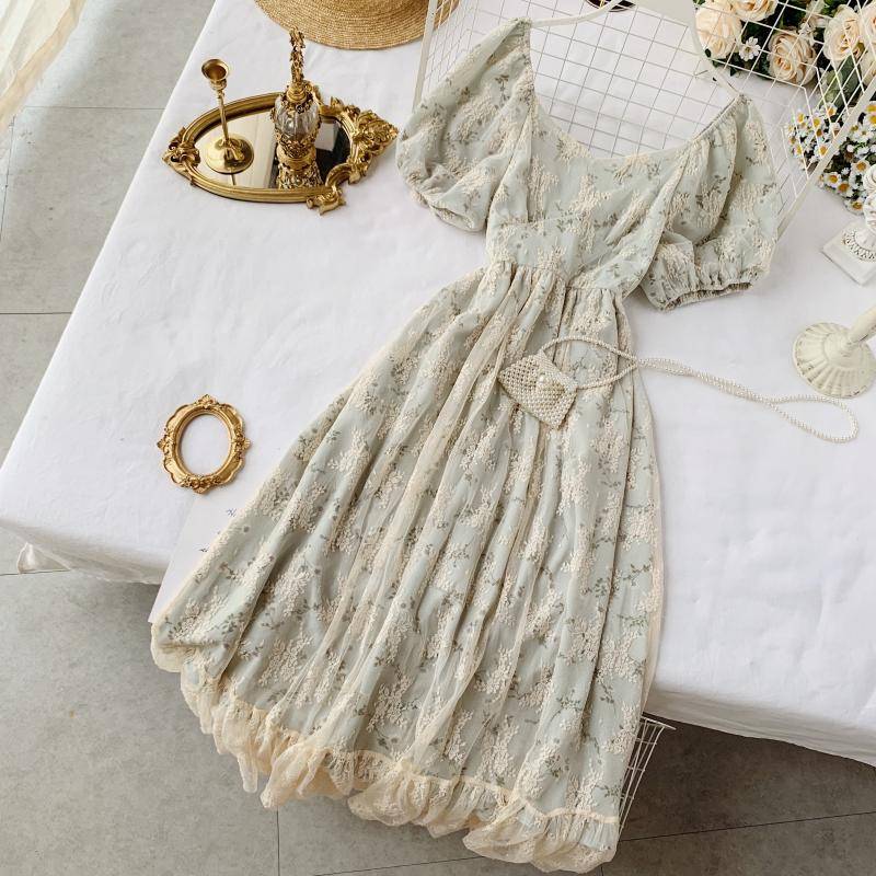 Vintage Retro Puff Sleeve Floral Print Chiffon Dress in Dresses