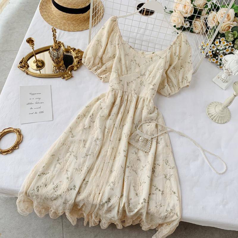 Vintage Retro Puff Sleeve Floral Print Chiffon Dress in Dresses