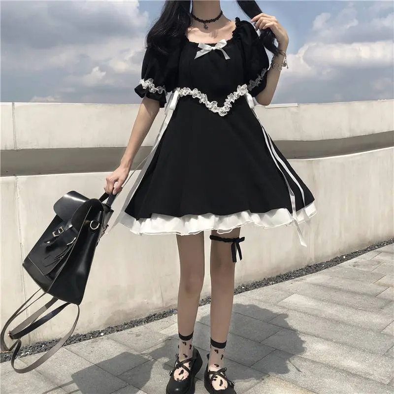 Vintage Square Collar Lace Lace Up Bow Ruffles Puff Sleeve Black Dress in Dresses