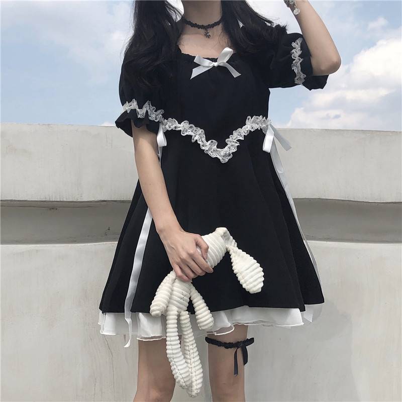 Vintage Square Collar Lace Lace Up Bow Ruffles Puff Sleeve Black Dress in Dresses