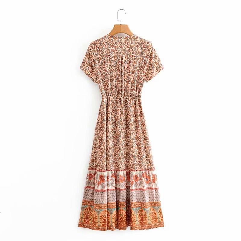Floral print v-neck short sleeve tassel beach bohemian dress