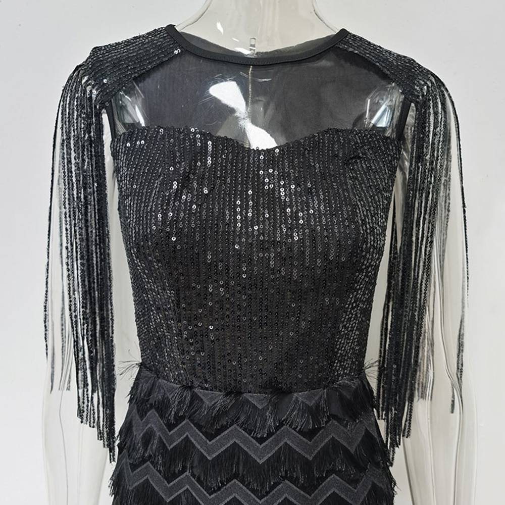 Vintage black tassel sequin bodycon dress
