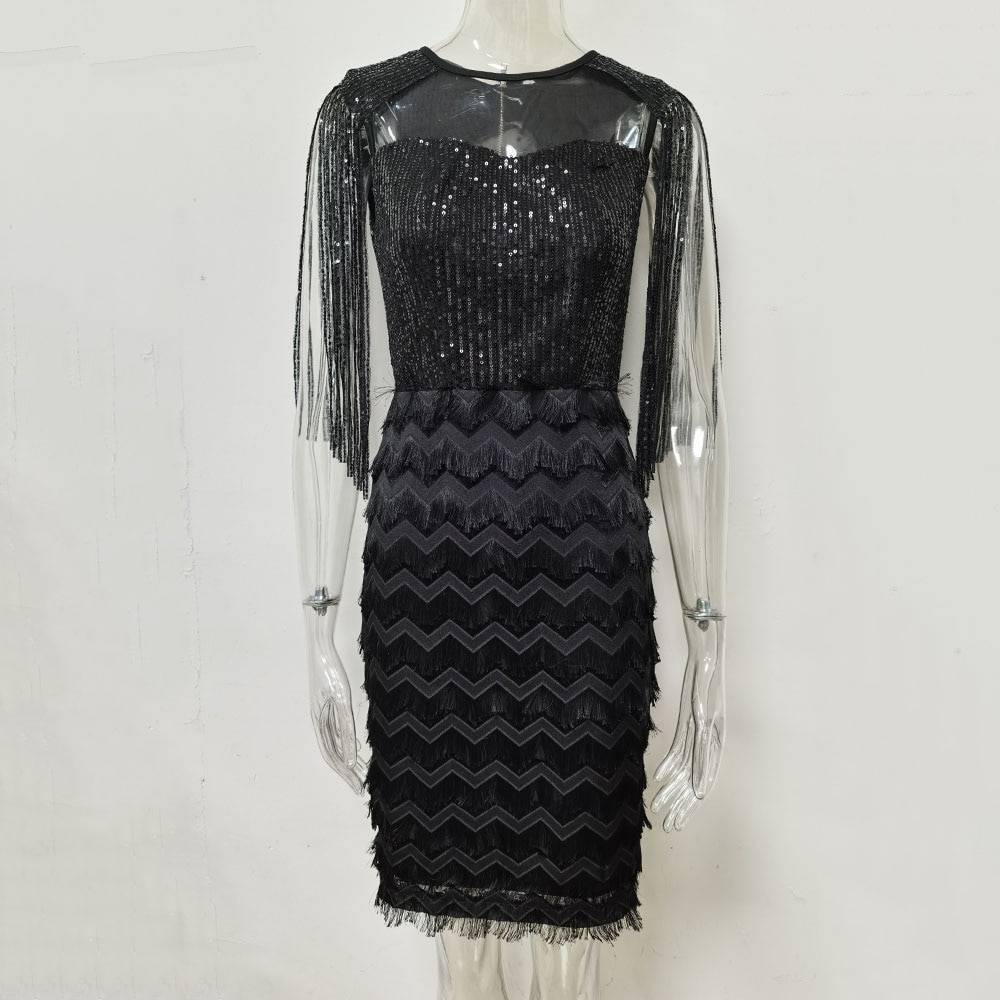 Vintage black tassel sequin bodycon dress