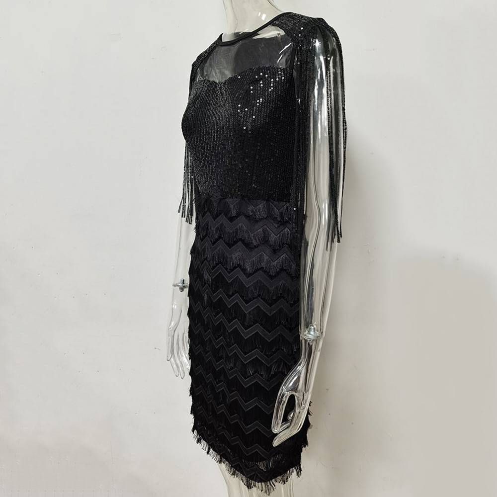 Vintage Black Tassel Sequin Bodycon Dress in Bodycon Dress