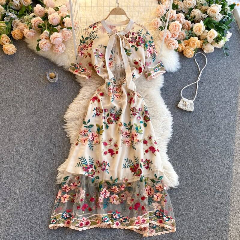 Elegant bow round neck short sleeve embroidery flower a-line dress