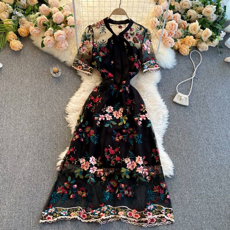Elegant bow round neck short sleeve embroidery flower a-line dress