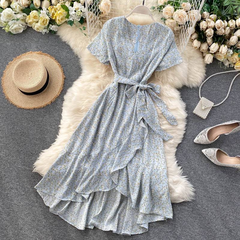Floral V-Neck Short Sleeve Bandage Waist A-Line Ruffle Midi Dress in Boho Dresses