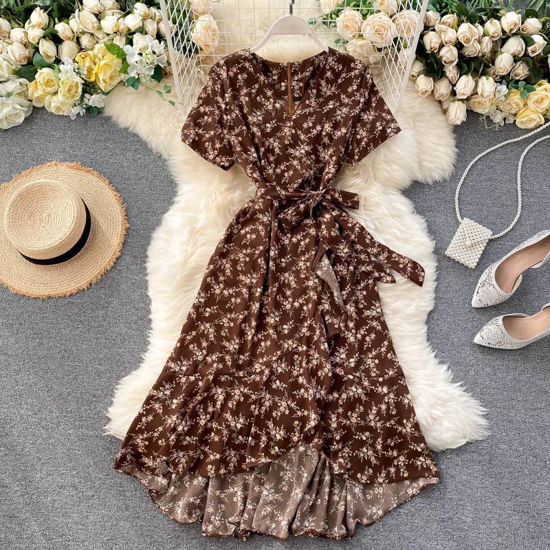 Floral V-Neck Short Sleeve Bandage Waist A-Line Ruffle Midi Dress in Boho Dresses