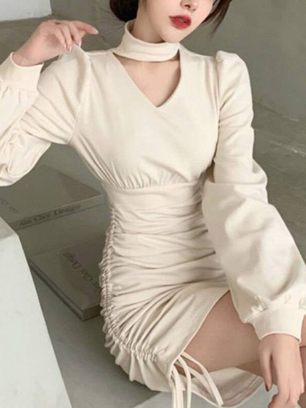 Vintage v-neck long sleeve one piece mini dress