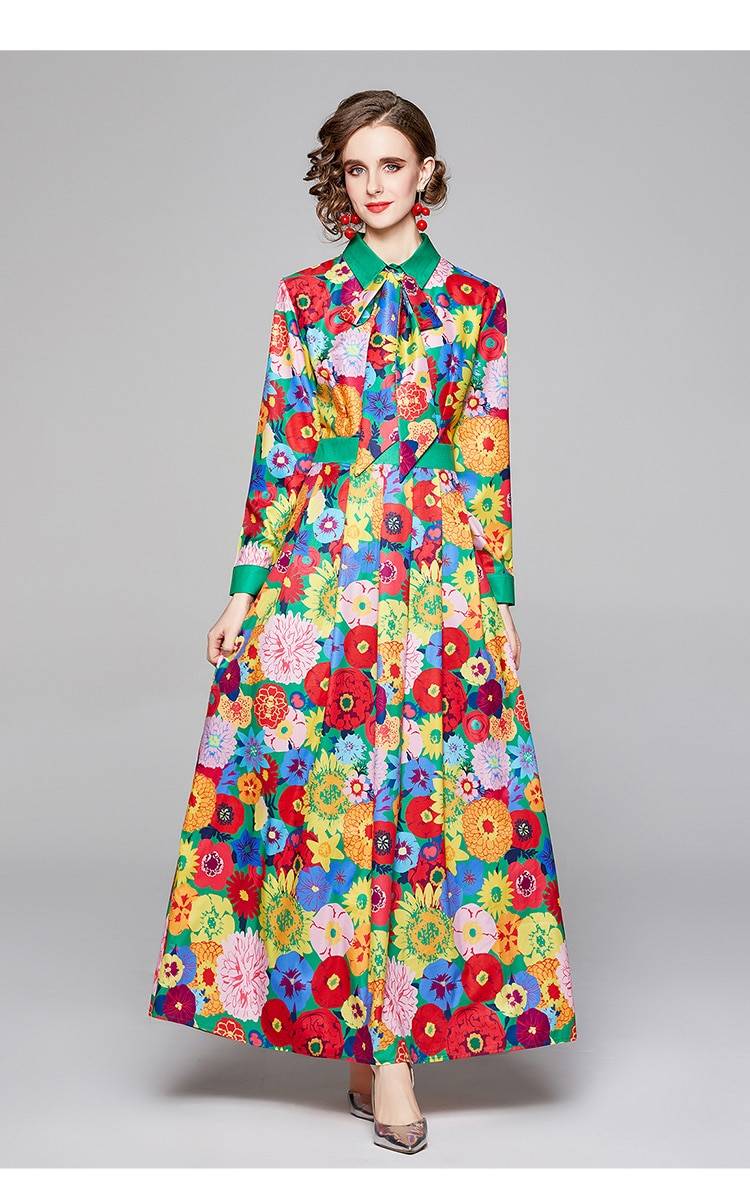 Floral long sleeve vintage print long dress